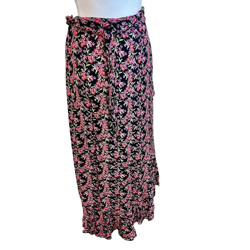 Vintage MARONIE Black Pink Floral Wrap Maxi Skirt Cottage Coquette Romantic‎ Y2K